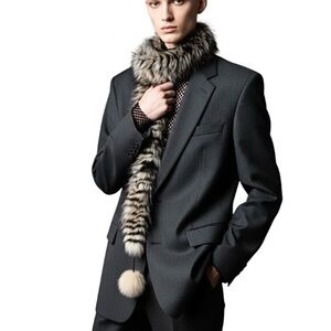 Genuine fur black beige tan fuzzy pom pom thin scarf